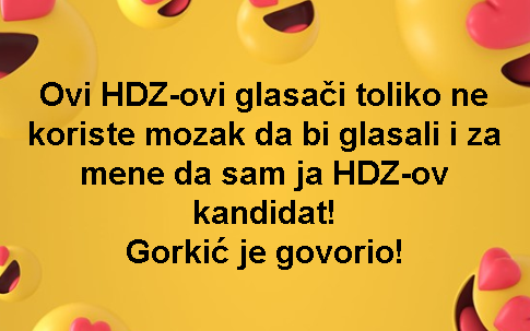 Ovi HDZ-ovi glasači toliko ne koriste mozak da bi glasali i za mene da sam ja HDZ-ov kandidat! Gorkić je govorio!