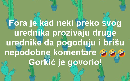 Fora je kad neki preko svog urednika prozivaju druge urednike da pogoduju i brišu nepodobne komentare! Gorkić je govorio!