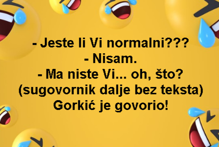 - Jeste li Vi normalni??? - Nisam. - Ma niste Vi... oh, što? (sugovornik dalje bez teksta) Gorkić je govorio!
