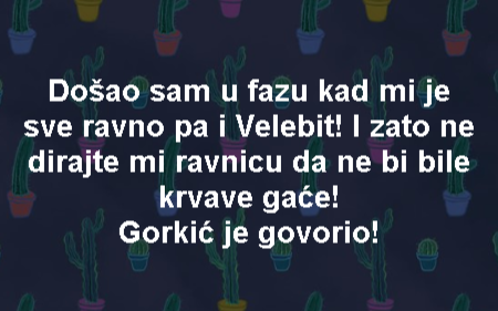 Došao sam u fazu kad mi je sve ravno pa i Velebit! I zato ne dirajte mi ravnicu da ne bi bile krvave gaće! Gorkić je govorio!