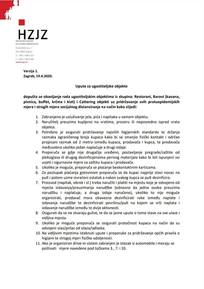 HZJZ: Upute za ugostiteljske objekte